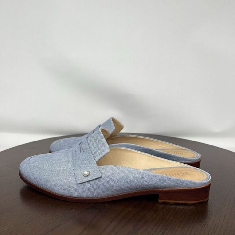 Schutz Penny Mule Shoes Women's Size 10B Blue Leather Moc Toe Flat Slide USA‎